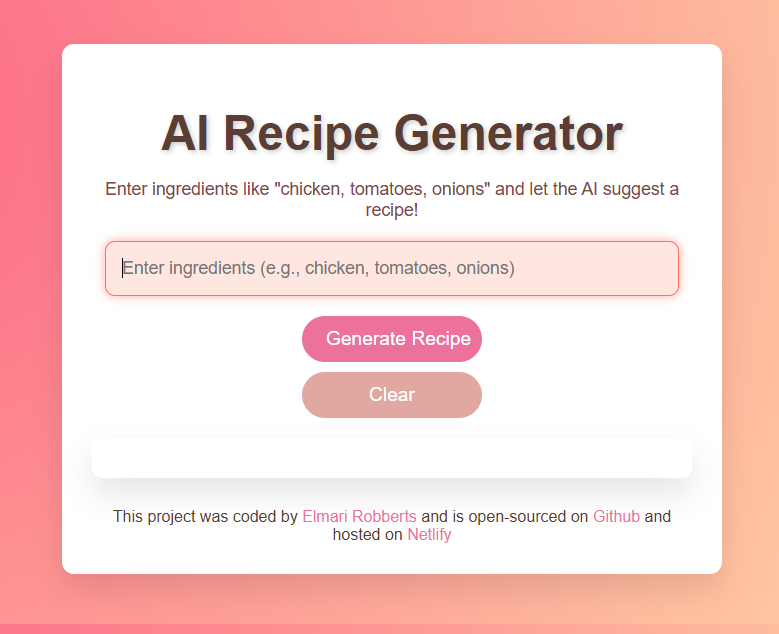 Screenshot of Elmari's AI Recipe Generator project