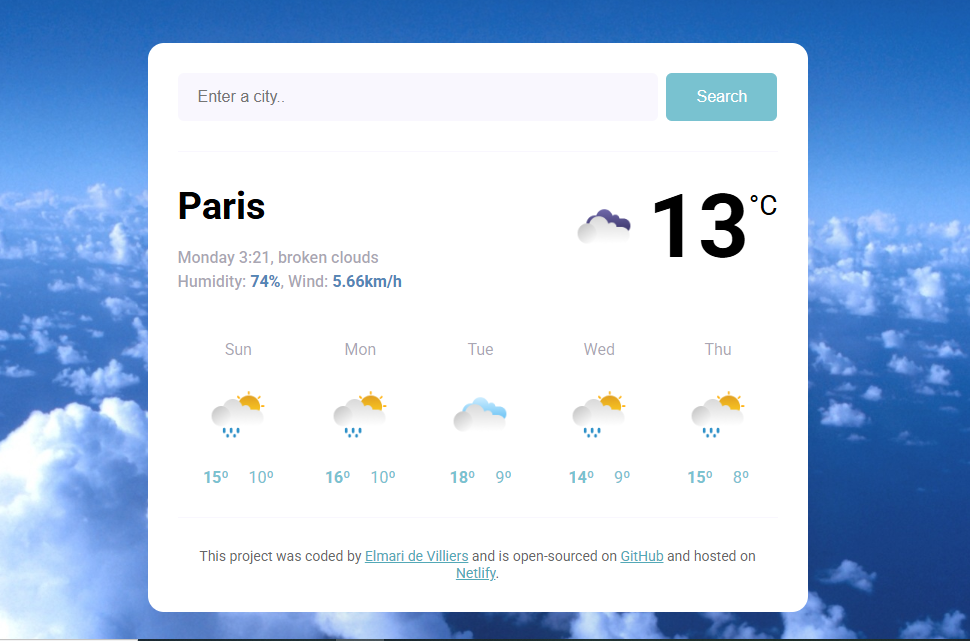 Screenshot of Elmari's Weather App project